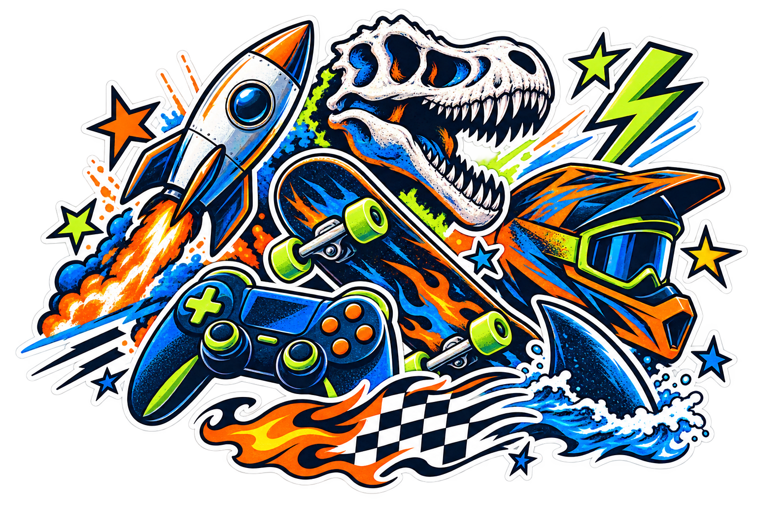 A colorful collage of original rocket, dinosaur, skateboard, game controller, helmet and shark stickers